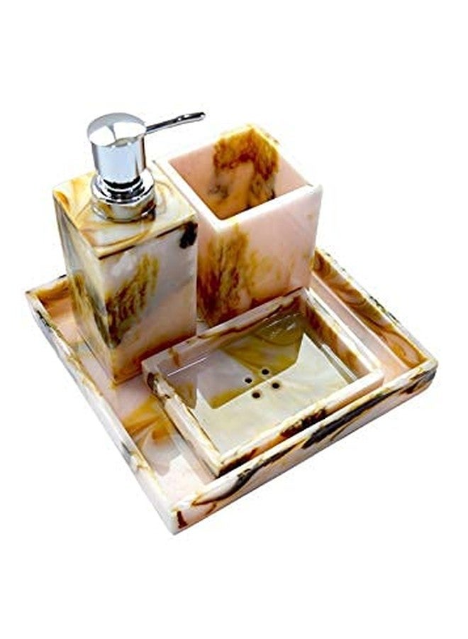 Tranquil Square | Bathroom Accessory Set | Glossy Marble Finish Yellow White Premium Design | Set of 4 | Soap Holder, Dispenser, Tumbler and Tray - Image 1